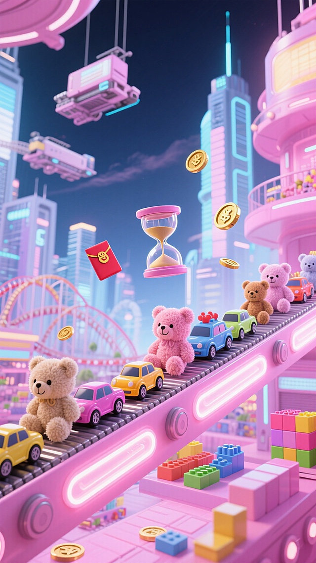 画面中心是悬空的传送带上的各类玩具商品。城市背景，未来科技感的空中物流，点缀悬浮小沙漏、红包、金币，游乐园背景，粉色色调