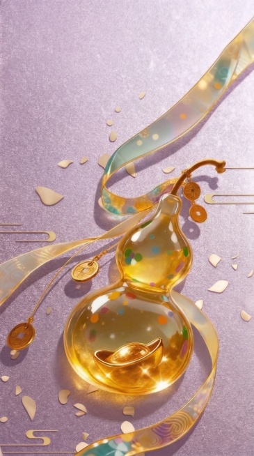 将图中的粉色背景部分改成熏衣紫色，保持金色葫芦、丝带、铜钱、金元宝等其他所有元素不变，画面清晰，超高清画质预览效果