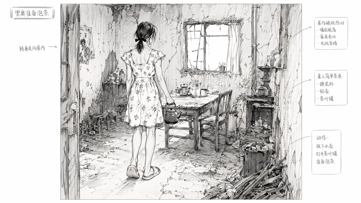 参考图中这个穿碎花连衣裙、扎马尾穿粉色拖鞋的女性角色，画她转身走向破败房屋内准备泡茶的场景，单张图，保持之前统一的黑白分镜手绘草稿风格预览效果