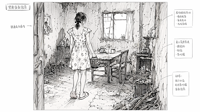 参考图中这个穿碎花连衣裙、扎马尾穿粉色拖鞋的女性角色，画她转身走向破败房屋内准备泡茶的场景，单张图，保持之前统一的黑白分镜手绘草稿风格