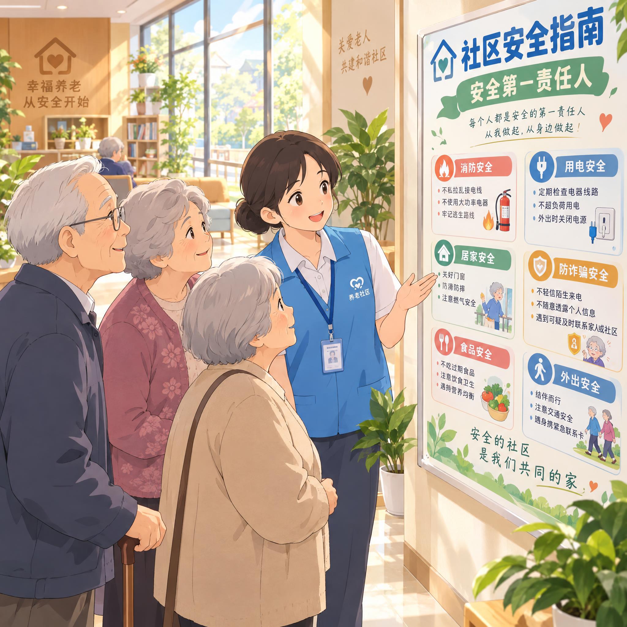 动漫风格插画，养老社区安全主题——安全第一责任人。画面：几位和… - 图片创意预览
