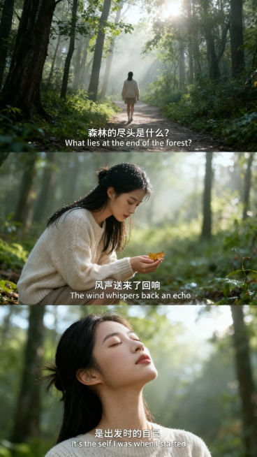 帮我生成图片，一组三宫格日系森系艺术感写真图，场景为清晨有薄雾的森林。图中人物和参考图一致，人物和脸不变，衣服为米色或白色的毛衣。 第一张为远景，人物渺小的背影走在林间小径上，阳光穿过树叶形成光斑，添预览效果