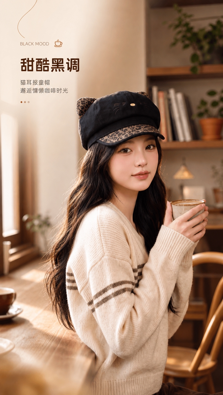 [商品] 使用【图4】黑色豹纹猫耳报童帽模特佩戴图；商品处理：… - 图片创意预览