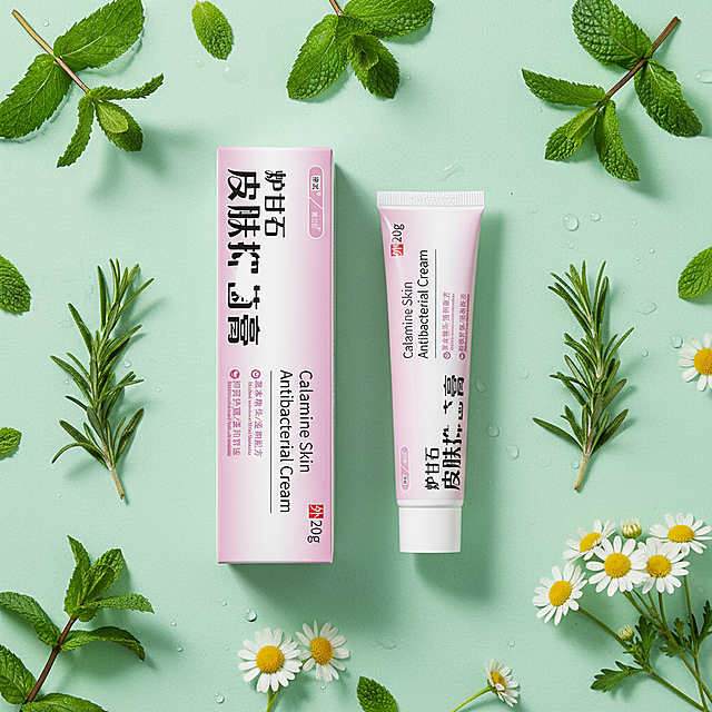 清新草本场景：薄荷绿背景配新鲜草药，产品居中，突出天然舒缓，适合健康护肤人群。