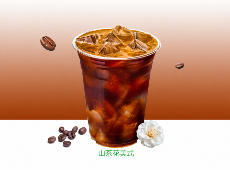 去除图片中杯子上的绿色四叶草标志、COFFEE和WE LUCKY文字，以及底部的WE LUCKY COFFEE字样，保留饮品名称山茶花美式和其他所有元素，保持整体风格和原图一致预览效果