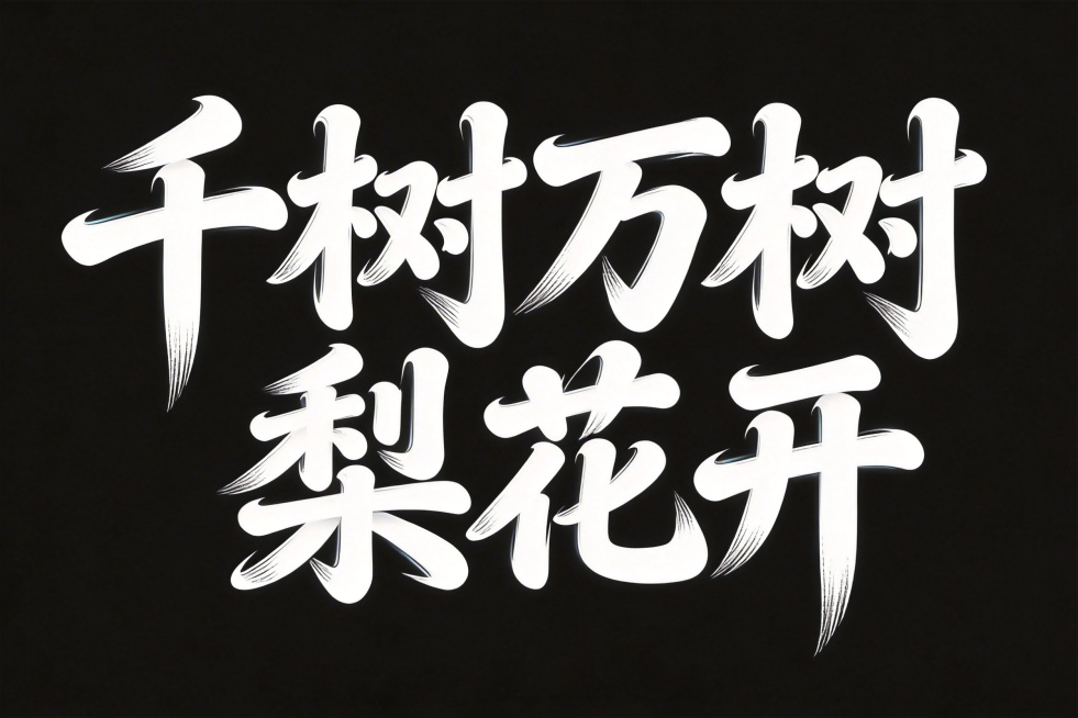 参考图中的书法风格，设计横向单排文字"千树万树梨花开"，白字，纯黑色背景，夸张风格，行楷变形，带有现代科技感，笔画边缘轻盈，夸张的笔画张力和连笔处理，字体之间有自然连笔连接，极具艺术感，笔画粗细变化大预览效果