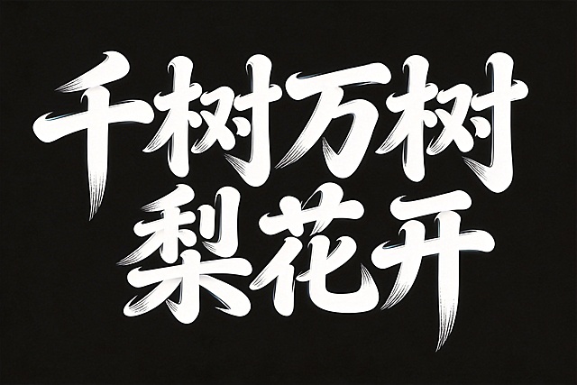 参考图中的书法风格，设计横向单排文字"千树万树梨花开"，白字，纯黑色背景，夸张风格，行楷变形，带有现代科技感，笔画边缘轻盈，夸张的笔画张力和连笔处理，字体之间有自然连笔连接，极具艺术感，笔画粗细变化大，每个笔画都带俏皮弧度，用花瓣形代替点笔画，整体体现青春活力，夸张风格，边缘轻盈，笔画边缘拉长，俏皮弧度，富有书法气度，字体与图片边缘保持1cm留白