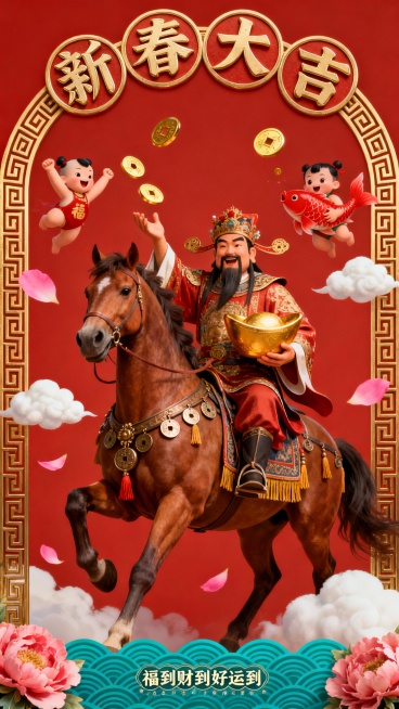 生成四组海报。中国风电影海报，专为 2026 年中国农历新年（马年）而作。画面中央，健壮的财神爷骑着一匹威仪不凡的骏马。财神爷左手欢快地握着一块硕大的金锭，右手则抛撒着金币。骏马的鞍具上装饰着流苏和铜预览效果