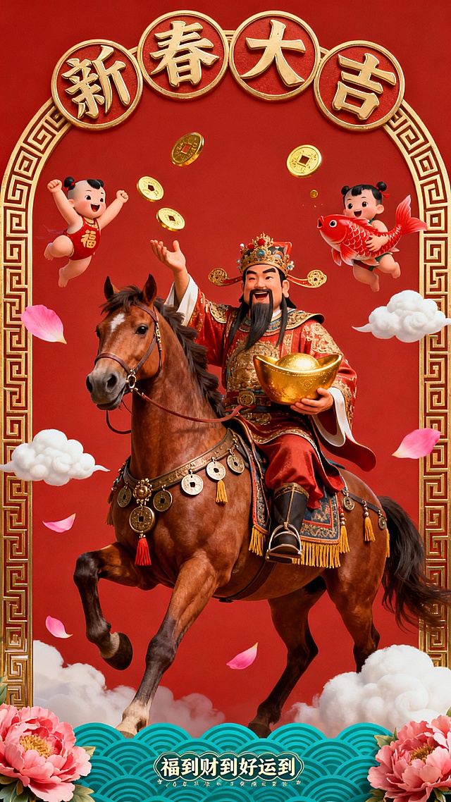 国潮风3D重拟物设计，融合中式浮雕与鎏金元素，卡通财神骑马携童子跃动，喜庆红金配色，祥云牡丹点缀，新春大吉氛围浓郁。