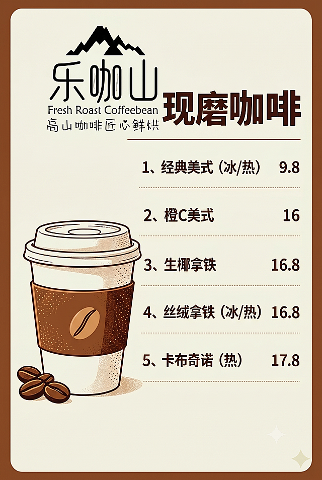 生成60*90规格的咖啡价目KT板画面，将顶部'鲜烘-现磨咖啡'替换为提供的乐咖山LOGO放在顶部，LOGO后方只保留文字'现磨咖啡'，删除左侧的咖啡杯图案，该位置保留空白，删除原菜单右侧的乐咖山图标以及'咖啡'两个字，保留下方所有菜单和价格内容，重新排版调整整体布局，保持原图简约插画风格和棕色浅米色配色