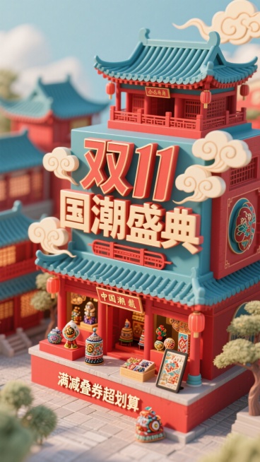 以国潮风为基调，主色调采用中国红与靛青搭配，画面呈现古典楼宇造型，楼宇上有 “双 11 国潮盛典” 字样，搭配祥云等元素，下方展示非遗文创类商品，标注“满减叠券超划算”，不要再有其他字。预览效果