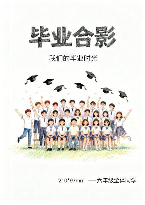 六年级毕业成长纪念册手抄报，主题为"毕业合影"，彩铅手绘风格，白底，包含全班同学大合影、抛学士帽元素，集体毕业留念主题手抄报设计，尺寸210*297mm预览效果
