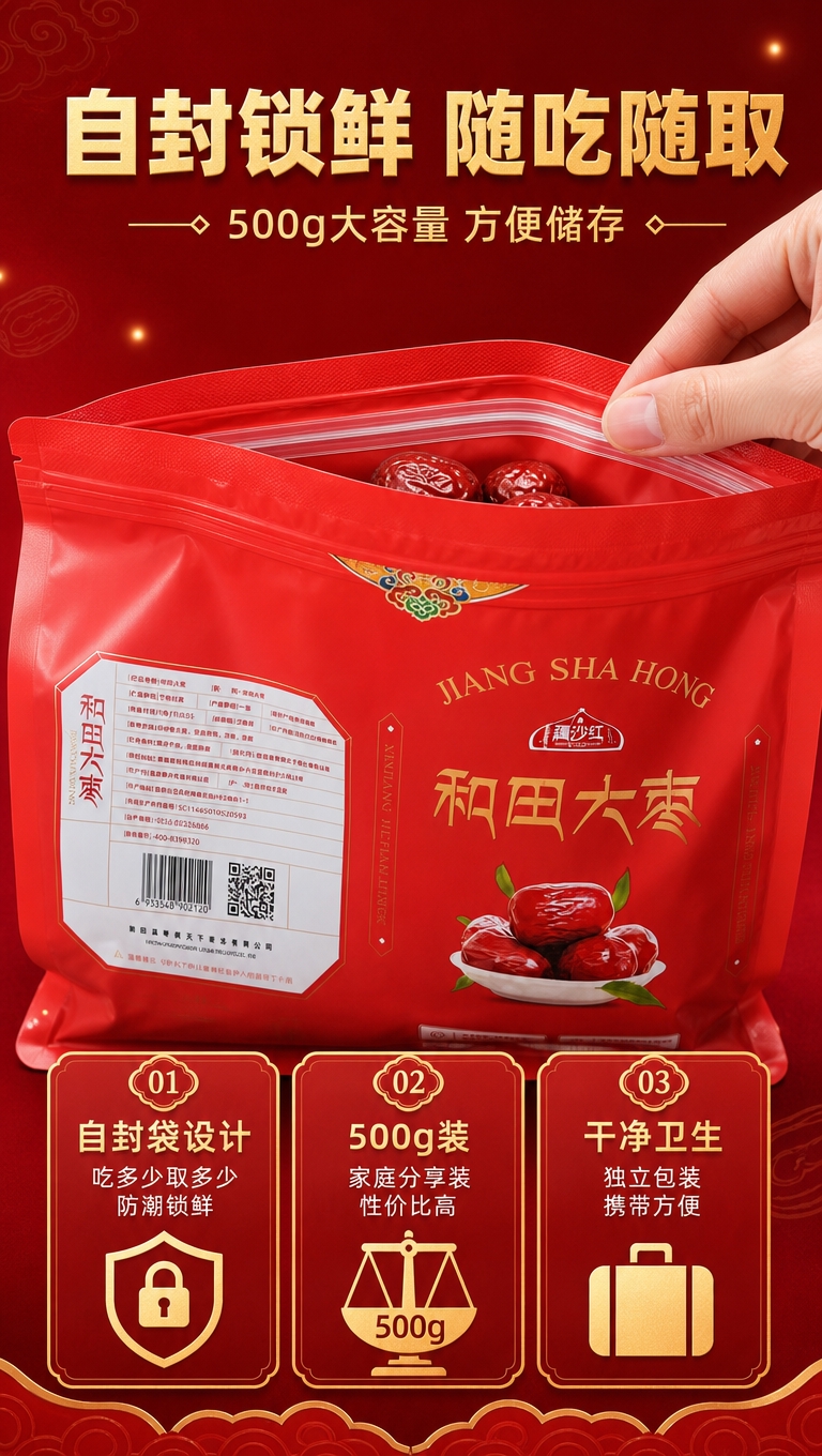 [商品] 使用【图1】【图2】疆沙红和田大枣自封袋包装；重点保… - 图片创意预览