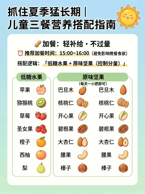 生成第三张儿童三餐营养搭配指南图，延续参考图整洁可爱风格，比例为3:4，标题统一保留：抓住夏季猛长期｜儿童三餐营养搭配指南，内容：🥜 加餐：轻补给・不过量，推荐时间：15:00~16:00（避免影响预览效果