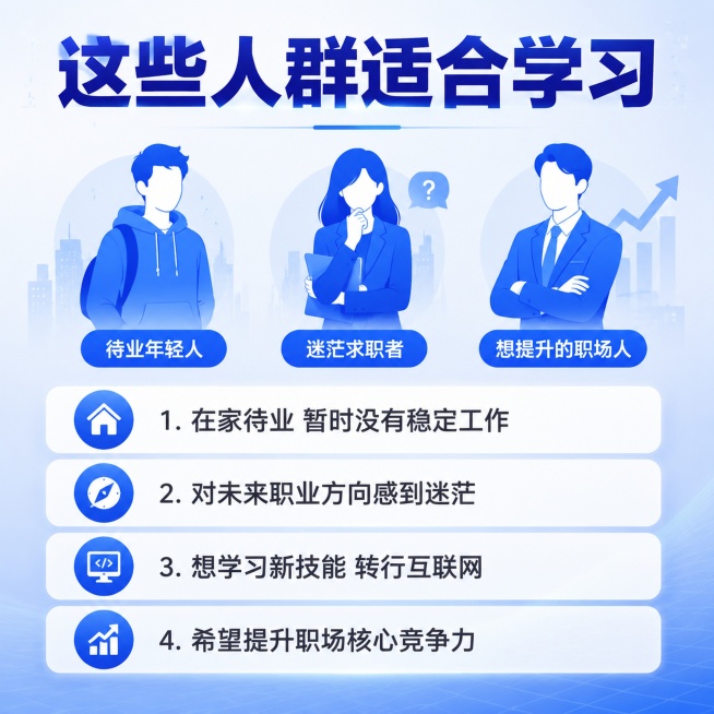 [主图-2] 互联网AI培训适配人群说明图；
[氛围风格] 统一现代科技蓝风格，清晰易懂；
[画质] 商业设计质感，文字清晰锐利，画面干净通透。
[元素] 画面上半部分展示不同目标人群的简约职业剪影：预览效果