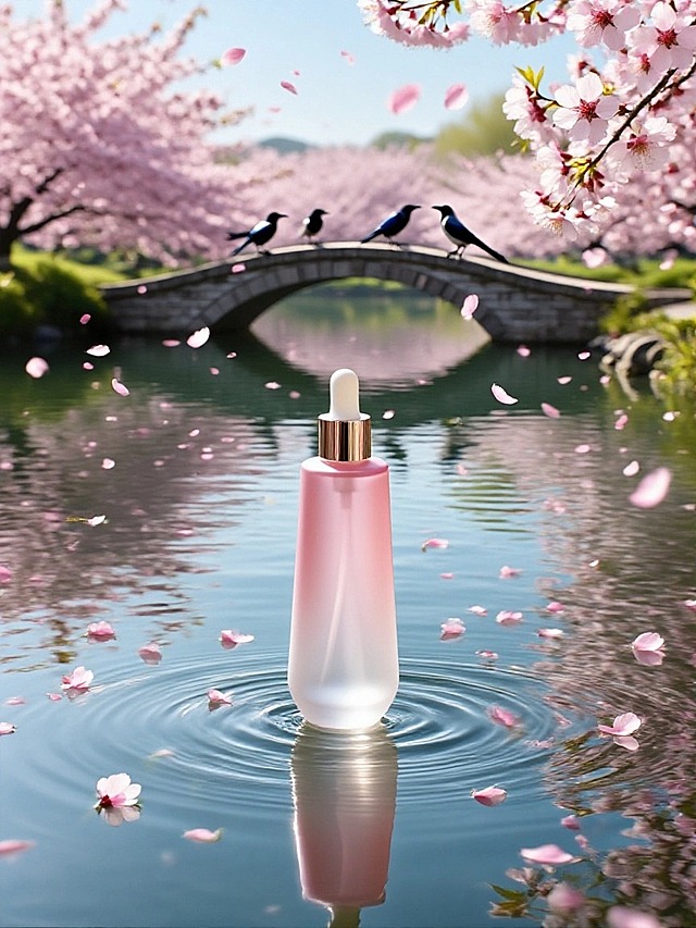 主体放置在透光湖水中央，远处是鹊桥与两只喜鹊，周围散落大量樱花花瓣，自然光线，浪漫氛围。