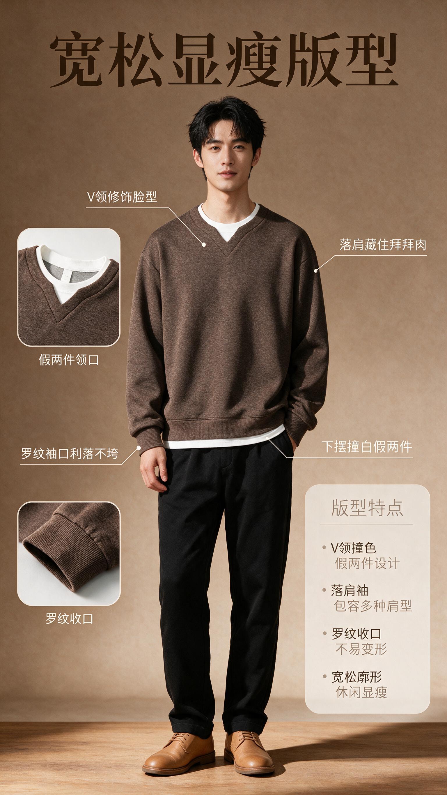 [商品] 使用【图1】咖色假两件V领撞色卫衣；商品处理：保留V… - 图片创意预览