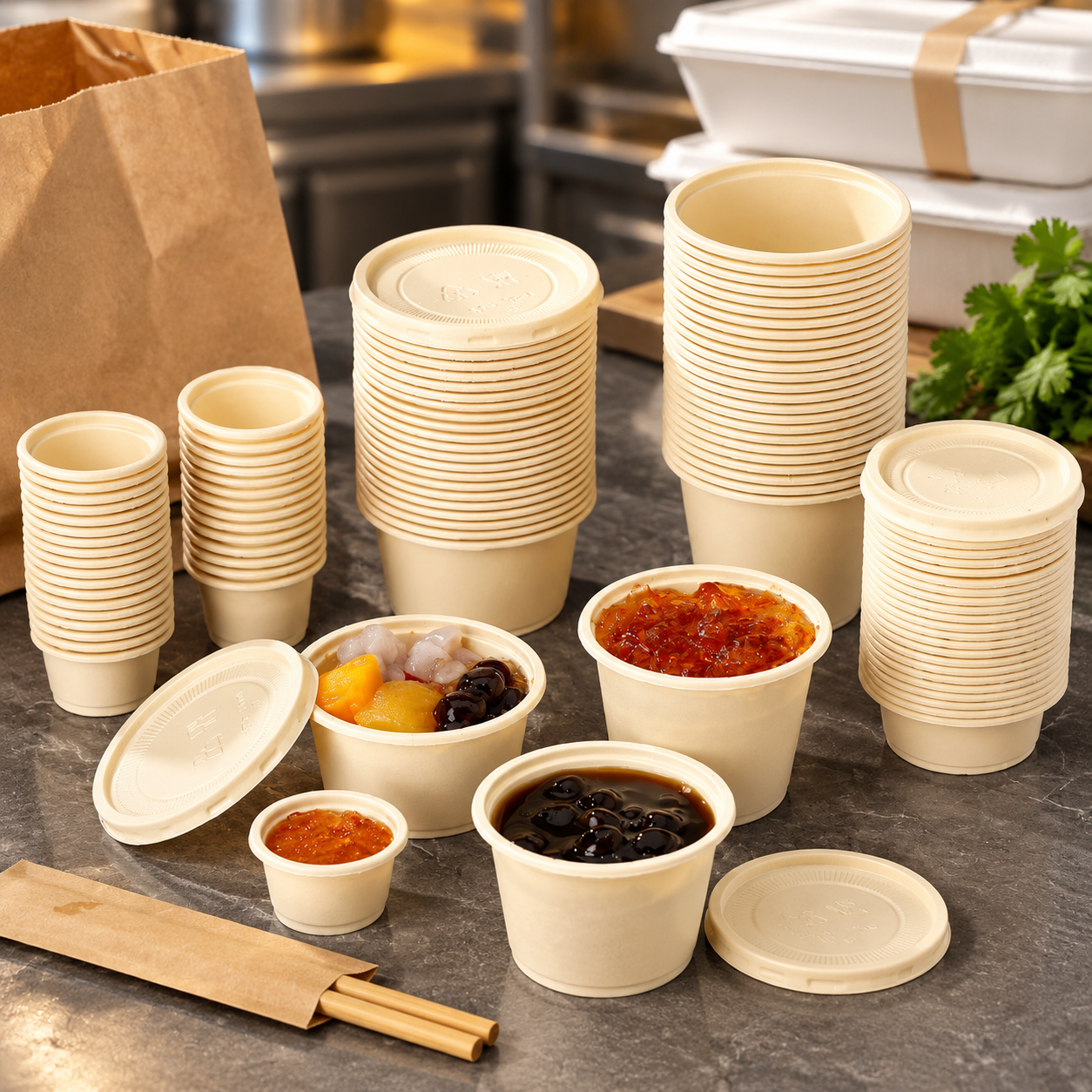 将背景替换为餐饮外卖打包场景。产品为玉米淀粉可降解调料杯，严格… - 图片创意预览