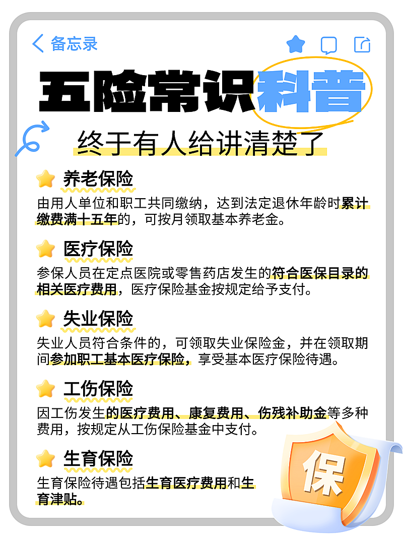 扁平手帐风五险常识科普知识分享小红书配图