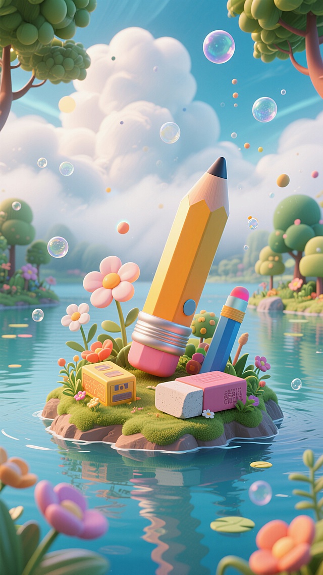 在湖泊中有一个岛，视觉中心放我们巨大的铅笔，橡皮擦，笔盒，背景有云，有雾，有花、有光影，有树木和植物，有漂浮的气泡和空气颗粒，c4d风格，9:16