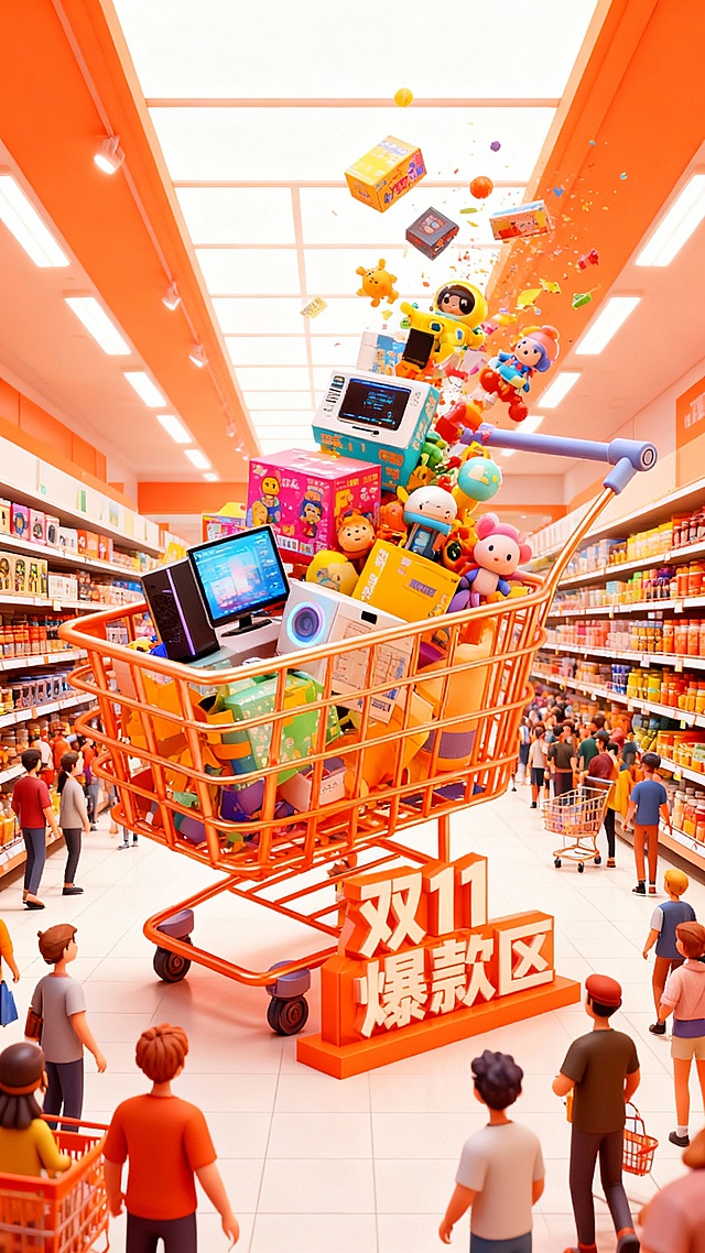 以 “巨型橙金购物车 + 全品类爆款矩阵” 打造视觉爆点，电子产品、潮玩等商品如 “狂欢瀑布” 迸发，搭配 “双 11 爆款区” 强势导购标识，在超市场景中构建沉浸式消费磁场。该创意以 3D 卡通化的强视觉冲击，精准戳中消费者购物欲，既能拉动线下流量转化，更能凭借画面的传播裂变属性，助力品牌在双 11 营销战中突围，实现品牌声量与销售业绩的双向飙升，为咱们的促销战役打造一张 “吸睛又吸金” 的差异