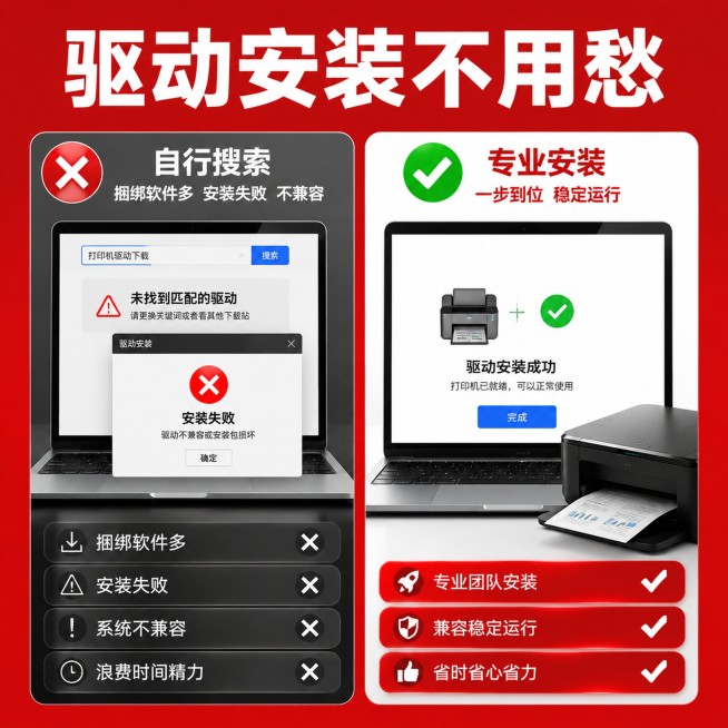 [主图-2] 痛点场景激发兴趣，解决打印机驱动问题主图。
[氛围风格] 专业清晰，红色背景保持整体风格统一
[画质] 商业设计质感，文字清晰可辨，画面干净高级，4K分辨率
[元素] 红色纯色背景，左右预览效果