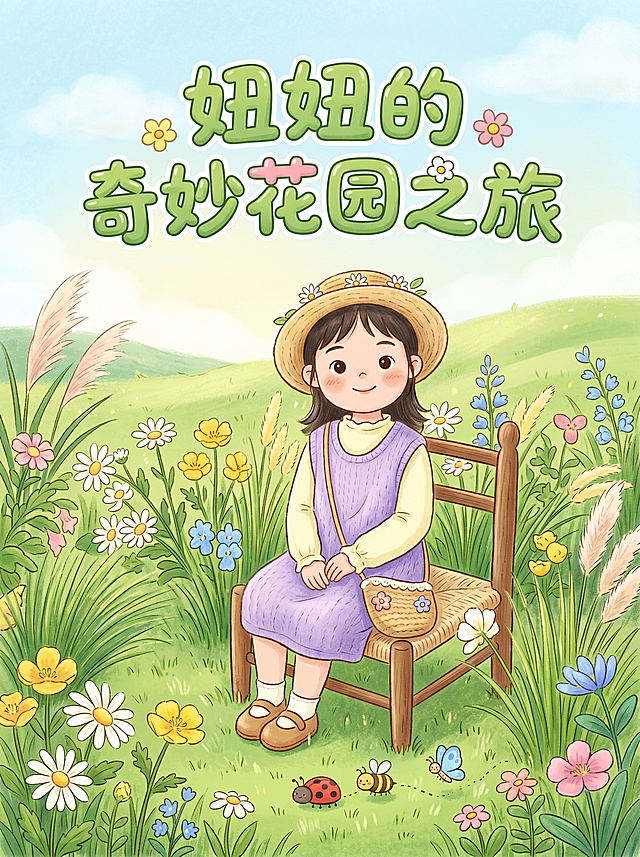 根据这张参考图，将这个小女孩画成可爱的卡通风格，作为儿童小绘本的封面，标题写着“妞妞的奇妙花园之旅”，整体清新自然，充满童趣，背景是开满鲜花的绿色草地