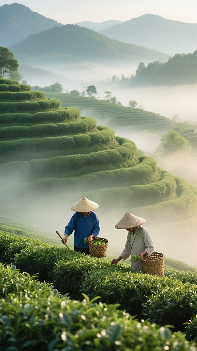 清晨薄雾笼罩的茶园梯田，层层叠叠的绿色茶树整齐排列，远景山峦若隐若现，两位戴着传统斗笠的采茶人正在田间劳作，一位身着蓝色上衣，一位穿着浅色传统服饰，手持茶篓与竹编工具，晨光柔和地洒在湿润的茶叶上，空气清新湿润，整体呈现出宁静悠远的东方田园意境，绿色调为主，光影层次丰富，写实摄影风格，细节清晰，画面富有深度和空间感。
