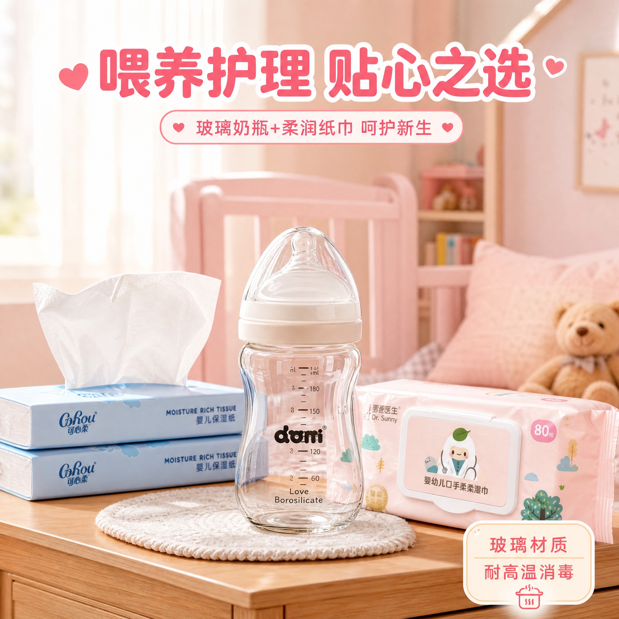 [主图-5] 迪达婴童孕妈礼包 多米小熊玻璃奶瓶+喂养用品场景… - 图片创意预览