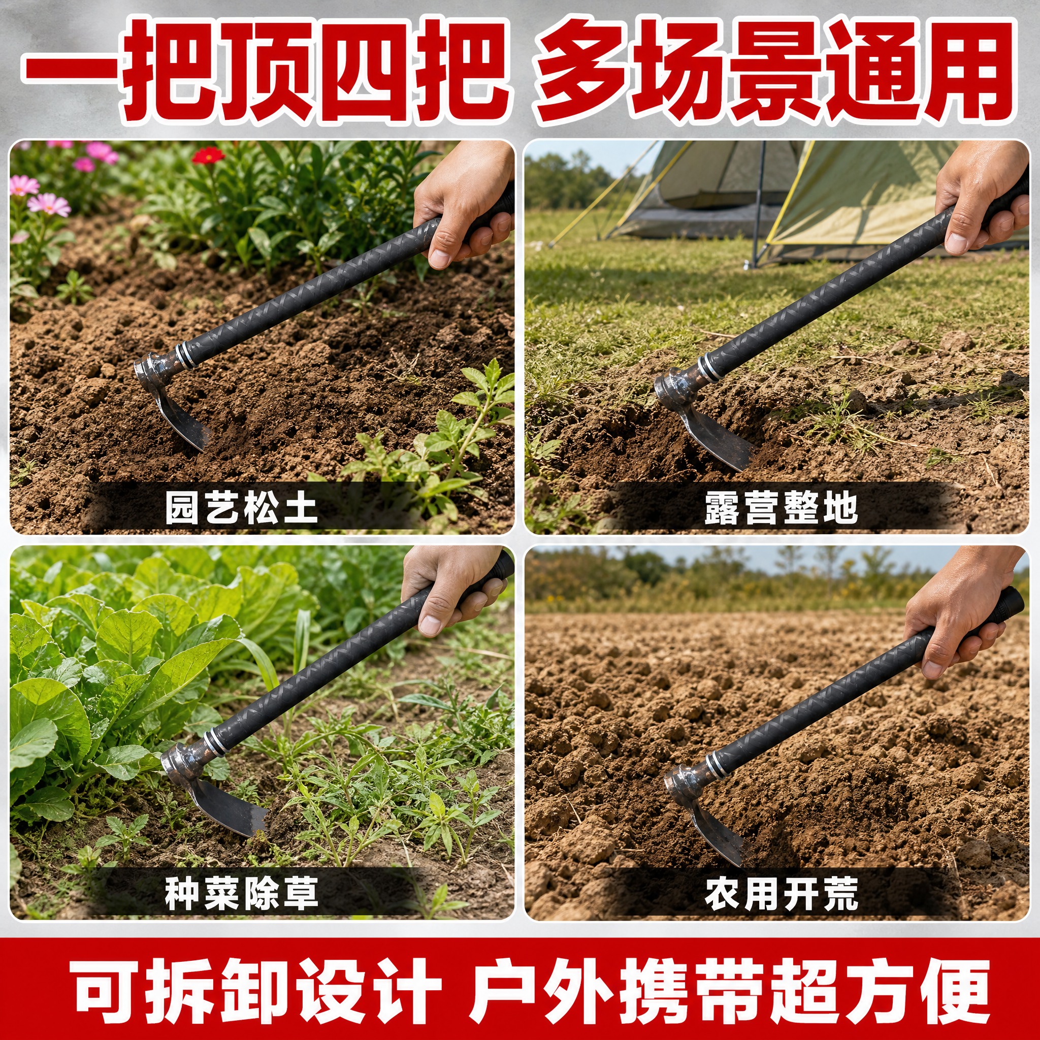 [主图-4] 多场景适用图，展示户外锄在不同使用场景中的应用，… - 图片创意预览