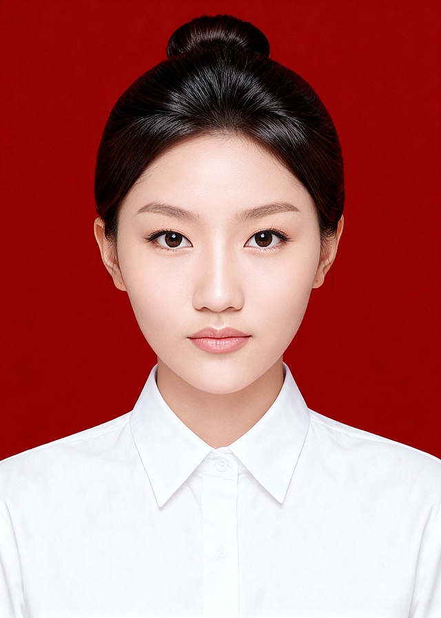 参考第一张图保留人物脸型和发型特征生成标准样式证件照;美颜轻度磨皮,保留人物发型特征,白色翻领衬衫,款式经典正式,发质柔顺光泽,淡妆;参考图二的人物占位和比例,居中平视正面视角,纯正面,胸部以上半身像;去除一切饰品;光线均匀柔和,画质清晰,表情自然,头部完整,去除人物之外的所有元素,简约红色纯色背景;严格按照图一的内容生成｡