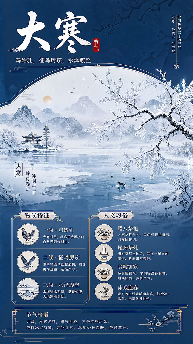 [第6屏] 大寒节气专属详情页，冬季六节气知识导览，展示大寒节气物候特征与人文文化。整体采用沉静的冬蓝色调为主视觉，融合水墨晕染的国风插画，呈现出冬日萧瑟与静谧氛围感，兼具国风美学与现代交互设计。主体展示节气名称"大寒"，搭配水墨风格的冬日大寒场景，包含大寒、冰封、雾凇等典型大寒元素，画面左上角放置节气标题，中部为主视觉插画区域，右下角放置物候知识文字介绍区。保持元素层次分明，主体占比约65%。光影质感：整体采用柔和的冷调漫射光，突出水墨晕染的朦胧质感，明暗过渡自然，营造沉浸式冬日氛围。配色色系：全局底色#1a3a5c（冬蓝色），主体配色#f0f5fa（浅灰白）+#4a6f99（灰蓝），辅助色#8b9cb3（浅蓝灰），保持全页面整体配色统一。视角构图：采用垂直竖向构图，视角平视，景深适中，阅读动线从上到下自然流畅。文字版式：顶部主标题"大寒"，字体采用国风书法字体，字号大而清晰，主标题下方放置副标题"鸡始乳，征鸟厉疾，水泽腹坚"，中部为大面积主视觉插画，底部设置文字信息区，分点介绍物候特征与人文习俗，文字清晰不遮挡主体。比例分辨率：9:16竖版比例，4K分辨率，文字清晰可辨，超高清。负向提示词：变形，水印，文字错乱，结构错误，颜色偏差，背景杂乱。