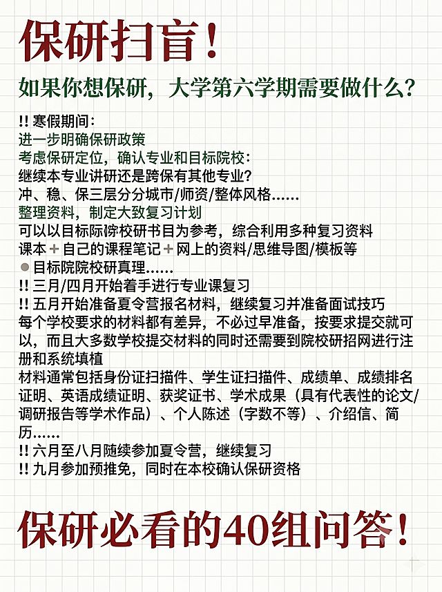 基于原图重新设计，改变颜色布局，生成3:4比例，原创度80%以上，色调明亮统一，去掉小图标，配色正规简化，不要卡通风格，避免蓝橙色，素人感真实感更强，保留所有第六学期规划问答文案内容，标题为'保研扫盲！'，底部为'保研必看的40组问答！'，保持整体图文排版正规简约