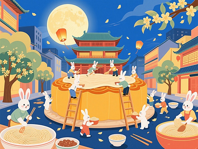 国潮风插画，拟人化兔子共制巨型月饼，扁平风格配色明快，融合剪纸元素与传统建筑，营造中秋喜庆氛围。