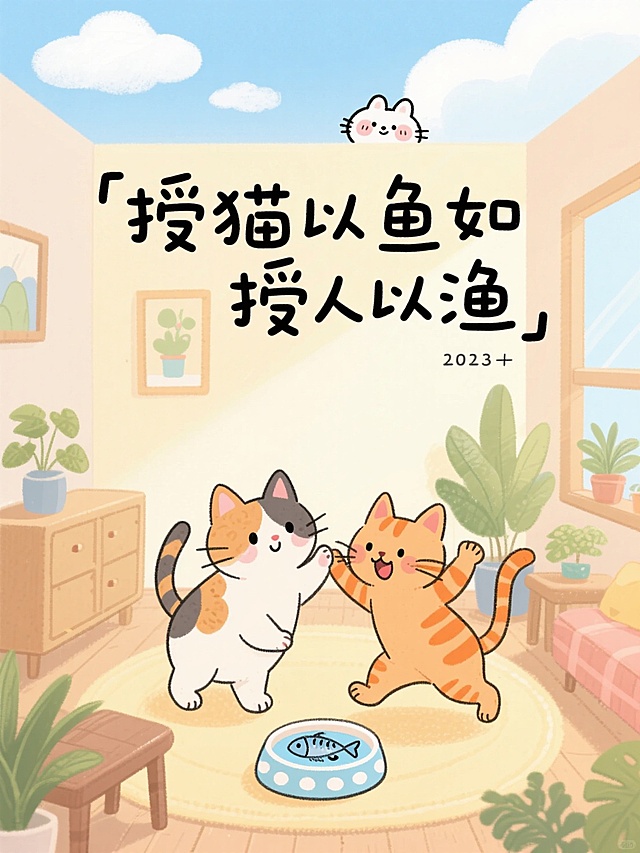 可爱手绘插画，一只三花猫和一只橘猫在温馨家居角落玩耍，家具和绿植，猫碗厘米放2条鱼，趣味手写大标题文案：“授猫以鱼如授人以渔”，窗外是蓝天白云，温暖治愈氛围。