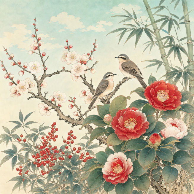 12月花鸟图，按照参考图的工笔国画风格，使用各类花卉飞鸟素材创作，画面美观雅致，不包含任何文字，正方形尺寸，保持与参考图一致的工笔画风，可根据十二月季节特点搭配当季花卉预览效果