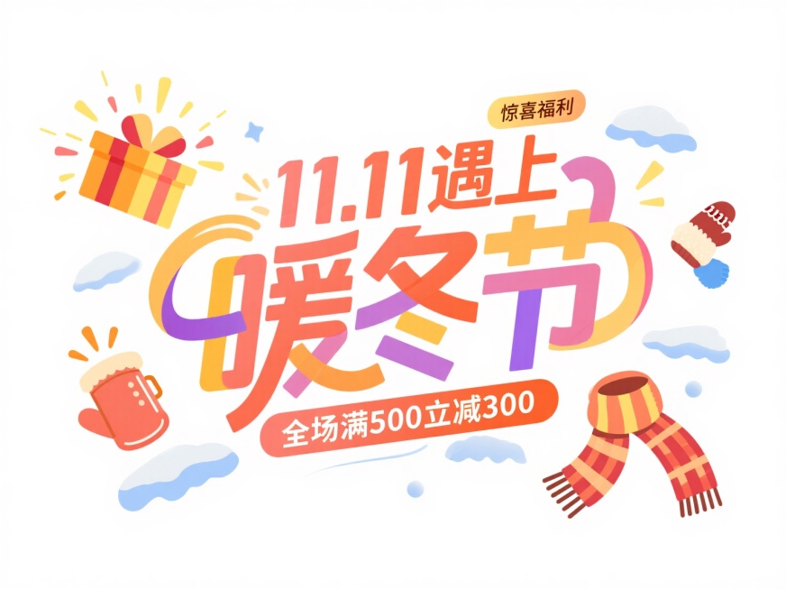 纯白色背景，中间写“11.11 遇上暖冬节"，标签“惊喜福利”，底部文案"全场满500立减300"，穿插礼盒迸发特效和暖水袋、手套、围巾等冬季元素预览效果