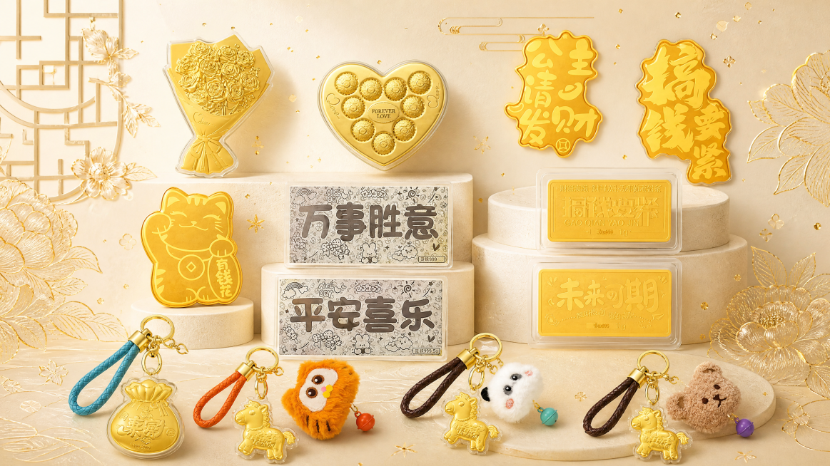 参考image1的新中式高级金色非遗风格，将image2的黄金产品重新生成，采用浅米色背景搭配金色描线花卉纹样，整体高级典雅，保留所有黄金产品预览效果