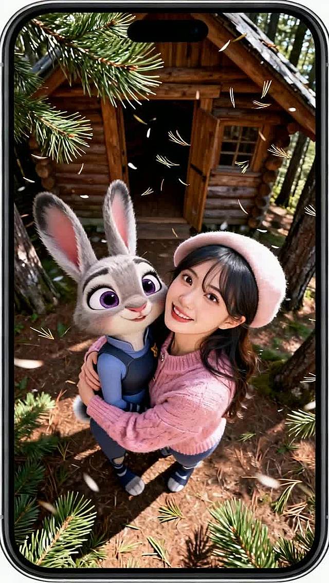 背景为森林木屋前，人物互相拥抱，面对镜头，松针飘落