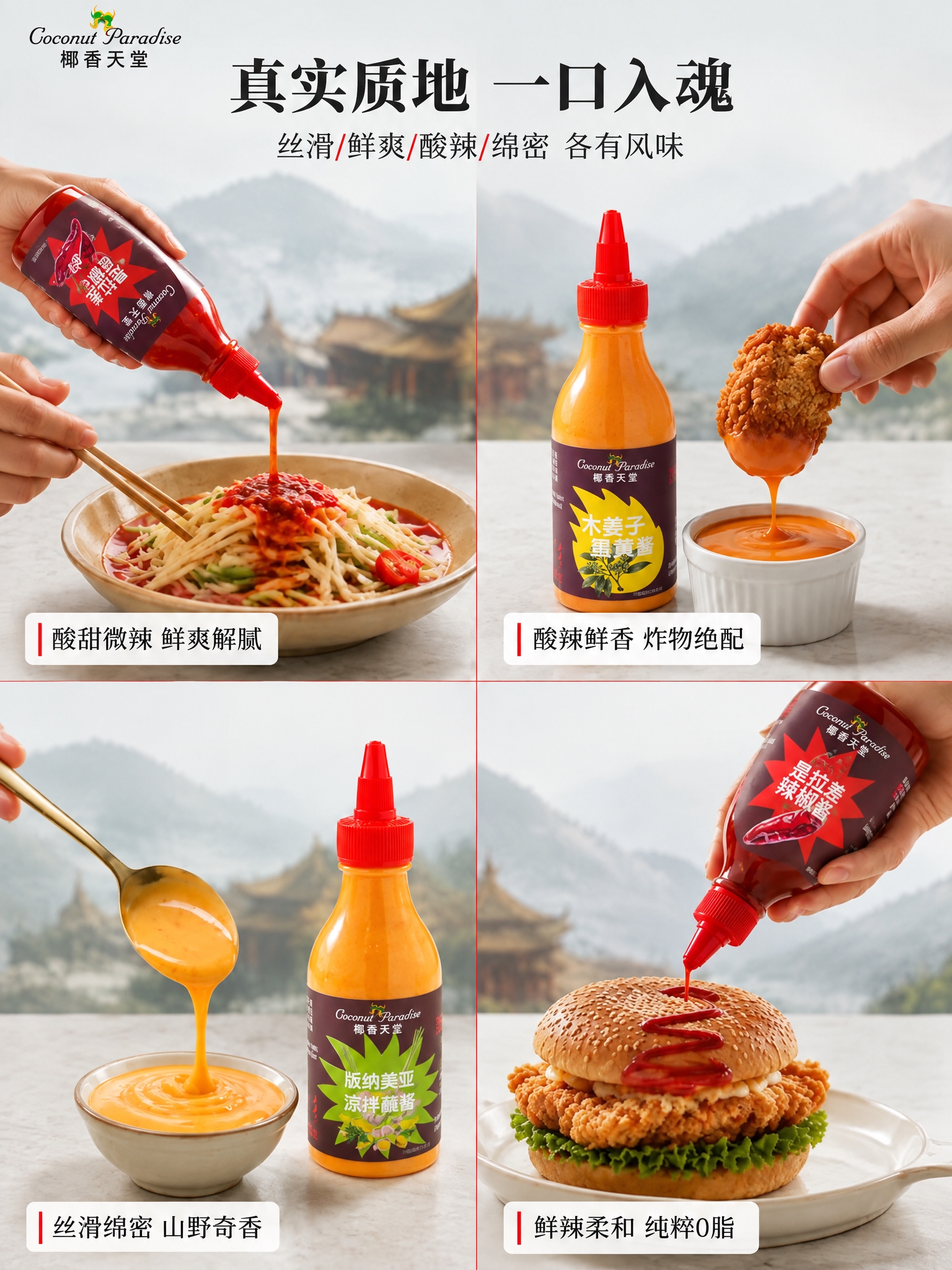 将图中4款酱料瓶（含手持倾斜的瓶子和直立的瓶子）的标签全部替换… - 图片创意预览