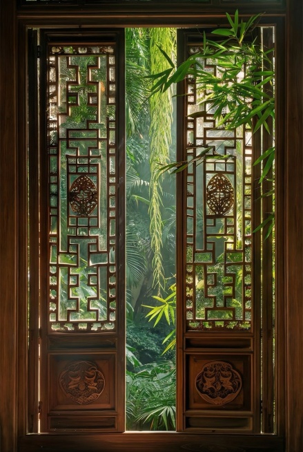 基于原图的中式花窗和绿植，生成一张竖版封面，保留传统中式美学氛围，优化构图和画质适合作为封面使用预览效果