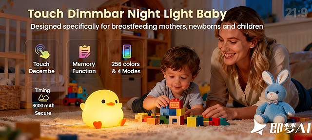 将第二张图片中的文本“Touch Dimmbar Night Light Baby”“Designed specifically for breastfeeding mothers, newborns and children”以及下方的“Touch Decembe”“Memory Function”“256 colors & 4 Modes”“Timing”“3000 mAh”“Secure”复制到第一张图片上，保留第一张图片的画面内容和风格，文本排版与第二张图片一致