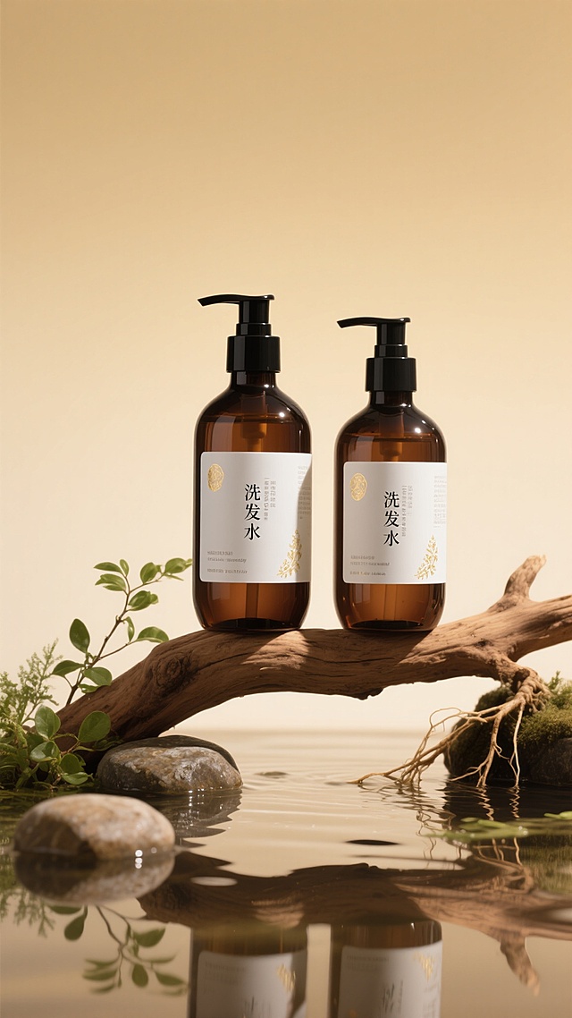 洗发水海报，两瓶深棕色透明液体洗发水瓶，带有黑色按压泵头和白色标签，标签上有黑色文字和金色装饰，瓶身放置在浅棕色木质树枝上，树枝下方有湿润的水面和石头，旁边点缀着绿色植物枝叶和根茎，整体采用温暖的棕黄色调，柔和的侧光照明，营造出自然、有机、纯净的氛围，背景为渐变的米黄色，画面具有清晰的视觉层次，突出产品主体，光影效果细腻，水面有清晰的倒影，质感写实，设计简约自然，传达出天然、植物萃取的产品特性。