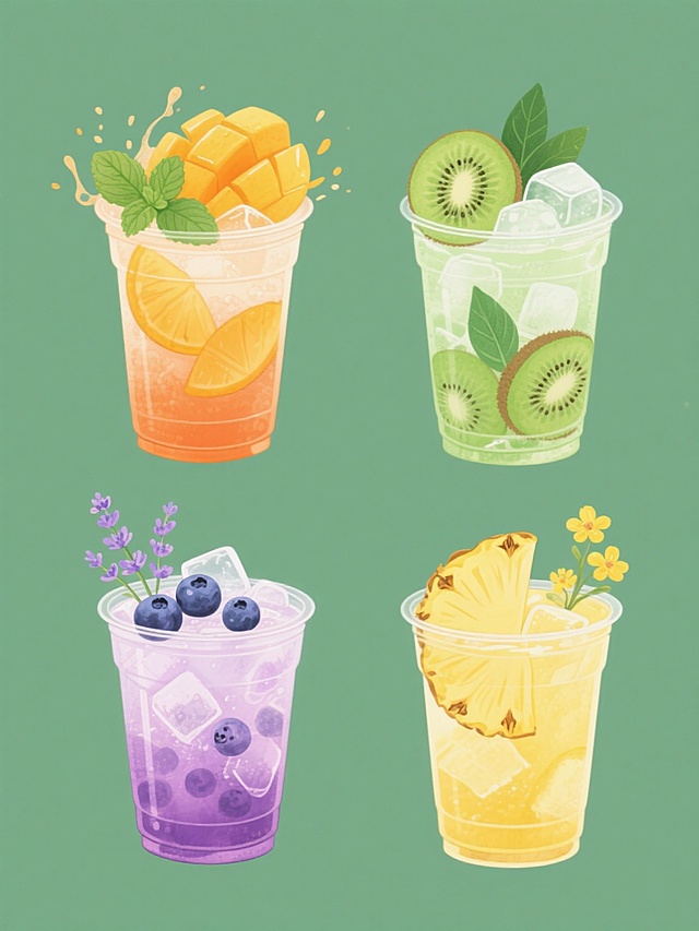 四个不同色彩主题的水彩风格饮品插画系列，每个插画均为透明塑料杯装冰镇饮品，包含切片水果、冰块和飞溅果汁元素，保持统一的水彩质感、柔和光影和简约构图，纯色背景，规整排列成2x2网格；第一个为橙色系芒果冰饮配芒果块与薄荷叶，第二个为绿色系奇异果冰饮配奇异果片与绿叶，第三个为紫色系蓝莓冰饮配蓝莓与薰衣草装饰，第四个为黄色系凤梨冰饮配凤梨片与黄色小花，整体色彩明快清新，风格一致。