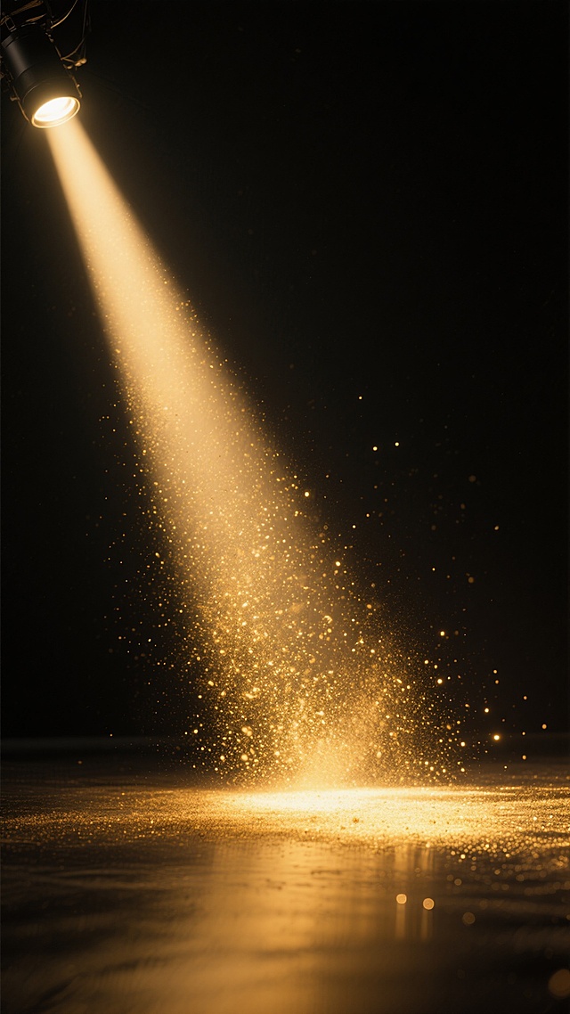 黑色背景下，一束变换样式的聚光灯从画面左上方倾斜射出，光线范围较原图更宽阔，呈现出温暖的金黄色调，光束中漂浮着大量细密的金色尘埃粒子，在灯光照射下闪烁着微光，光束底部在地面形成明亮的光斑，整体营造出神秘而梦幻的氛围，光影过渡自然柔和，具有极强的空间感和质感。