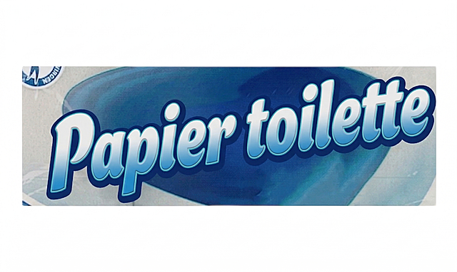 将图中的文字替换为“Papier toilette”，保持原有字体的蓝白立体样式、画面背景风格完全不变