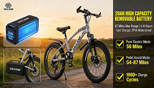 Create a 16:9 horizontal ratio Instagram Story/TikTok/Pinterest graphic, strictly restore the uploaded EYBAIKC electric bike's removable lithium battery product details, including the battery's black shell, blue internal texture, 20Ah high capacity text, 52V voltage, 6-8 hours fast charge, 87 miles max range, IP54 waterproof grade and all design elements, the product appearance must be completely consistent with the reference picture, no changes to the product design, color scheme or brand elements are allowed, maintain the real matte shell texture of the battery, high-gloss internal circuit texture. The overall style is practical high-end outdoor style, magazine-level exquisite layout, unified bold sans-serif font for all text, target US market, English copy. Main title (bold bright yellow large font, top right): 20AH HIGH CAPACITY REMOVABLE BATTERY. Subtitle (white medium font, below the main title, line break): 87 Miles Max Range | 6-8 Hours Fast Charge | IP54 Waterproof. Information layout: 16:9 horizontal screen right-left split layout, right 40% of the screen is text area, left 60% is the product display area; place the split shot of the battery close-up and the full bike with battery installed in the left area, the upper part is the ultra-clear close-up of the battery with blue light effect, the lower part is the side shot of the bike installed with the battery, the background is a natural outdoor grassland road at sunset; the right area arranges the main title and subtitle at the top, below which are 3 sets of range data: Pure Electric Mode 50 Miles, Pedal Assist Mode 54-87 Miles, 1000+ Charge Cycles, each with a yellow check mark icon. Design emphasis: Use warm natural outdoor light to highlight the product texture, the text layout follows the magazine grid system, the key range data is highlighted with bold font, the brand LOGO is fixed at the top left corner, the overall style is unified with the previous screens, 8K high-definition picture quality, realistic and natural texture.