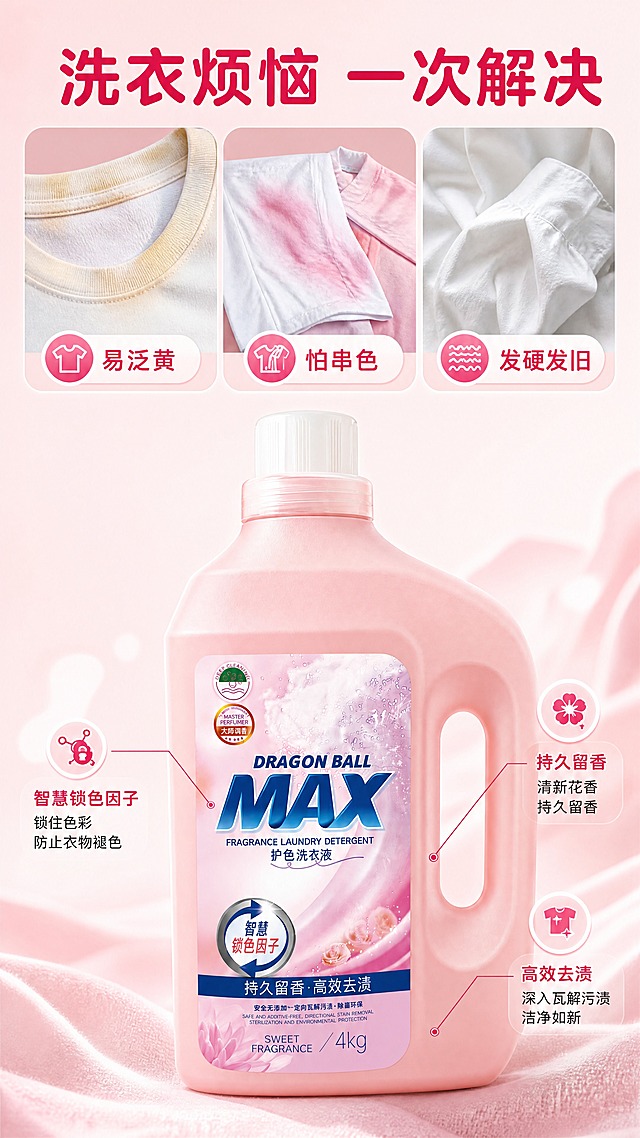 [商品] 使用【图1】DRAGON BALL MAX 粉色护色洗衣液正面瓶身；保留瓶体结构、手提孔、白色瓶盖、粉色材质、标签版式与原有文字（DRAGON BALL MAX、护色洗衣液、持久留香 高效去渍、4kg）；修复瓶身反光杂斑，标签清晰化，不改变外形与包装文字。
[画面] 目标：用克制的方式提出日常洗衣困扰并给出本品解决力。构图：上下分栏——上半部分为三格横向小场景拼图（每格浅粉圆角卡片），分别呈现旧衣泛黄、深浅衣物混洗串色、洗后衣物发硬起皱的局部织物特写（画面干净克制，不脏乱不恶心）；下半部分为本品正面大图，占下半画面约60%，配三条细引线连到三个短标签。景别=特写拼接+中景产品。前中后景：前景织物纹理，中景产品，后景浅粉渐变柔光。
[视觉] 套系策略：风格=拼多多高转化实拍商业风；标题字=粗圆黑体；正文字=细黑体；主色=樱花粉；背景延展=浅粉白渐变+细腻织物纹理与柔光晕；强调色=玫红仅用于小面积图标、引线和标签；标题色=深玫红；正文色=深灰；组件=圆角白底信息卡、胶囊标签、细线引线；光影=左前上方柔和暖光加瓶身轮廓光。
[文字] 全部文字横排。顶部主标题“洗衣烦恼 一次解决”，三格小卡各配短标签“易泛黄”“怕串色”“发硬发旧”，下方三条引线标签写“智慧锁色因子”“持久留香”“高效去渍”。文字区不与产品标签重叠，字号手机端可读，禁止说明词上图。
[规格] 图片比例9:16竖版，1080x1920，4K，避免污渍过度夸张、脏乱画面、文字竖排或错字、瓶身变形、二维码、条形码、平台Logo、水印。
