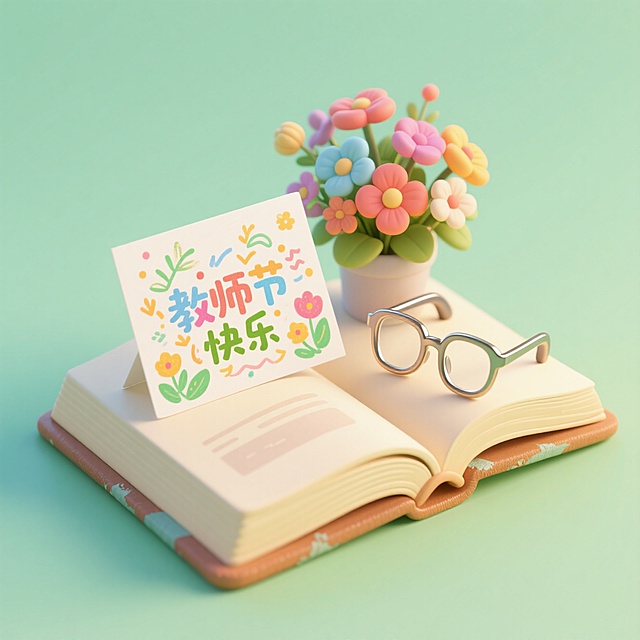 展开的书本，上面是（教师节贺卡、一束花、眼镜），摆放在一起，浅绿色背景