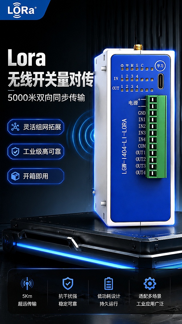 [第1屏] 详情页头图-Lora4路无线开关量对传开关产品宣传，黑灰炫酷工业风。本屏使用【图1】作为商品主体。
[氛围/风格] 黑灰炫酷工业科技风，深灰渐变背景，蓝色发光装饰，硬核工业质感
[元素布局] 产品位于画面右侧，占比约65%，左侧预留大标题区域；添加蓝色发光无线信号波纹装饰，底部搭配黑色工业金属质感平台，产品结构、颜色、接口端子与输入产品图保持一致
[光影质感] 左侧冷蓝光打光，产品轮廓带蓝光描边，右侧保留硬朗阴影，突出产品工业立体感和材质质感
[配色色系] 全局底色 #121212；主色深灰背景+蓝色发光点缀，白色文字对比强烈
[视角构图] 正面微仰视，产品为绝对视觉中心，阅读动线左侧标题 → 右侧产品 → 底部信息条
[文字版式] 左上角蓝色品牌角标，左侧大标题「Lora
无线开关量对传」，副标题「5000米双向同步传输」，下方三个蓝色发光卖点胶囊「灵活组网拓展」「工业级高可靠」「开箱即用」，所有文字清晰不遮挡产品主体
[比例分辨率] 9:16 竖版比例，宽度 1080，高度 1920，4K 分辨率，文字清晰可辨，高清画质
[负向提示词] 产品变形，缺件错件，文字错乱，颜色偏差，水印，产品模糊，背景杂乱